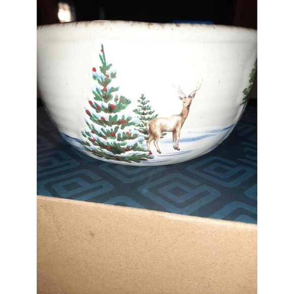 St Nicholas Square 6" Winter White Deer Cabin Christmas Tree Soup Cereal Bowl - Picture 2 of 5